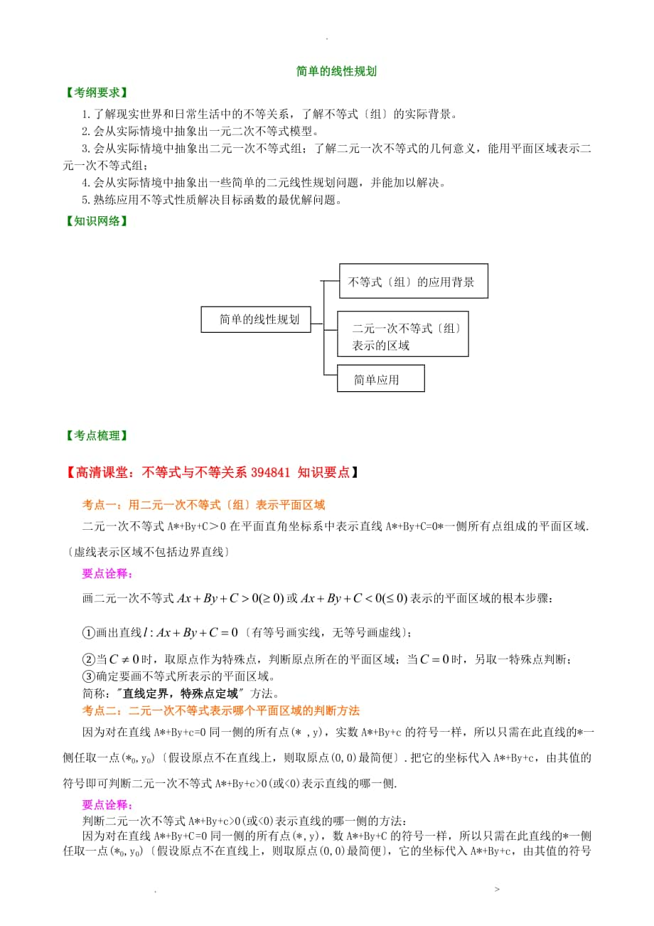 高考数学总复习：简单线性规划知识梳理提高_第1页