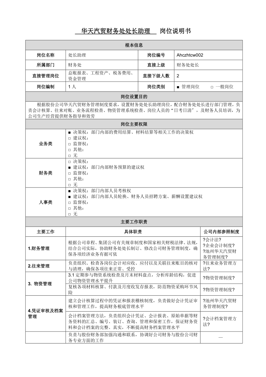 華天汽貿(mào)財務處處長助理 崗位職責說明書_第1頁