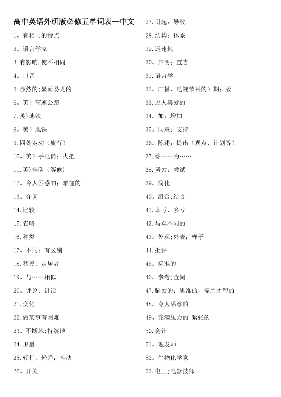 高中英语外研版必修五单词表-中文_第1页