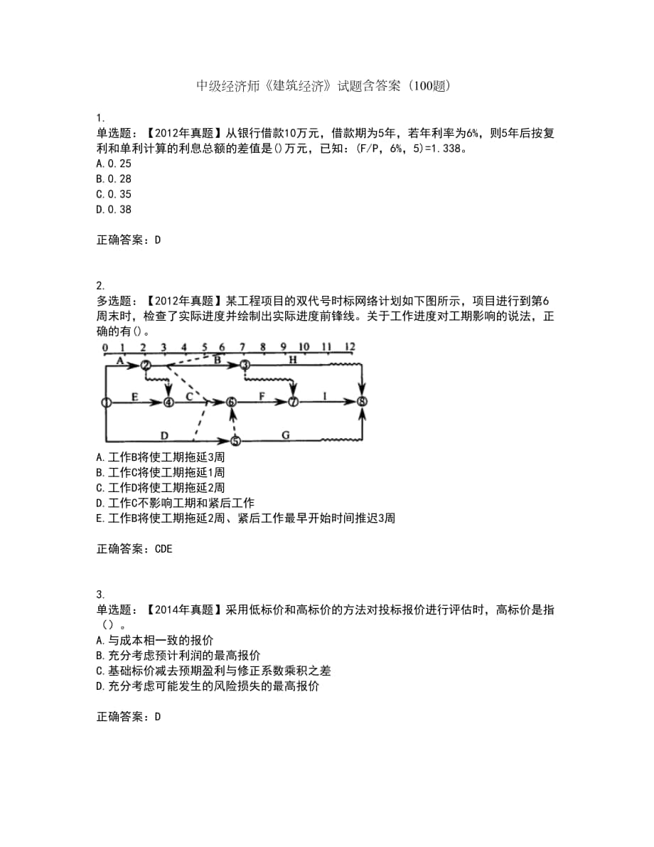 中級(jí)經(jīng)濟(jì)師《建筑經(jīng)濟(jì)》試題含答案（100題）第16期_第1頁(yè)