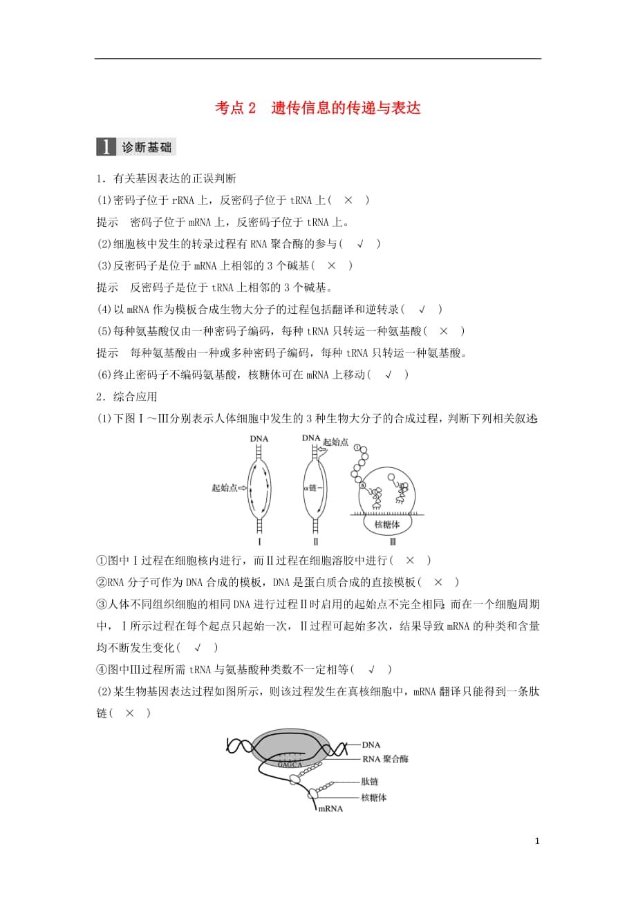 （浙江選考）2018屆高三生物二輪專題復(fù)習(xí) 專題六 遺傳的物質(zhì)基礎(chǔ) 考點(diǎn)2 遺傳信息的傳遞與表達(dá)學(xué)案 新人教版_第1頁