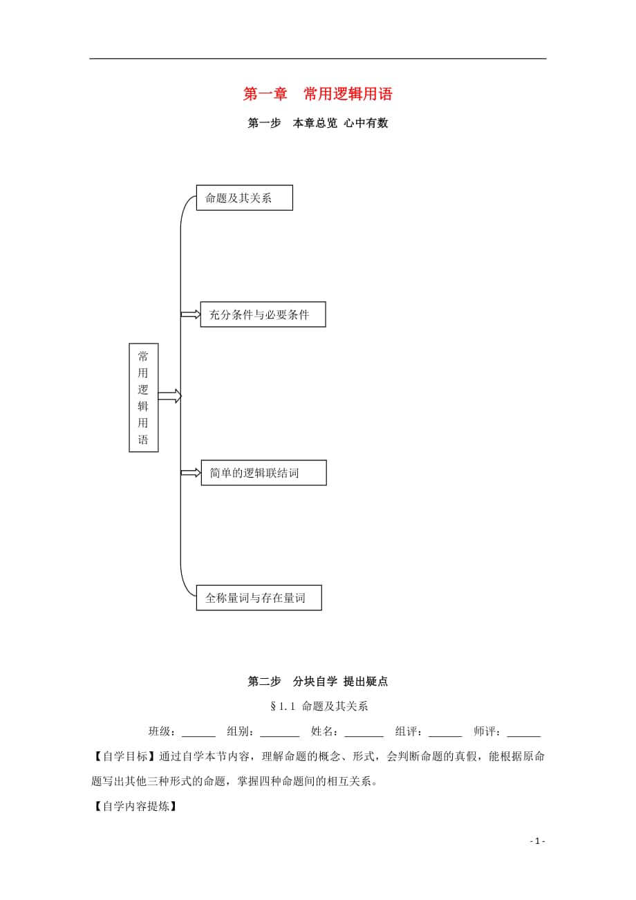 湖北省宜昌市高中数学 第一章 常用逻辑用语学案（无答案）新人教A版选修-_第1页