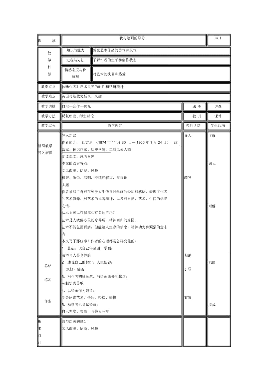 2018-2019年新人教版選修《我與繪畫的緣分》教案_第1頁