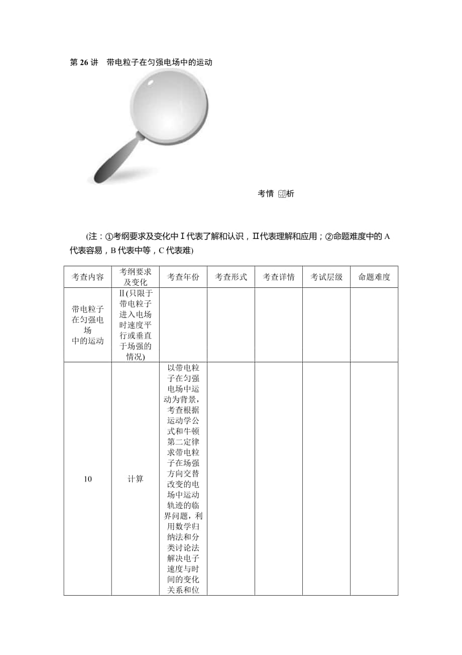 【高考零距離】高考物理人教版一輪復習配套文檔：第26講　帶電粒子在勻強電場中的運動高考匯編_第1頁