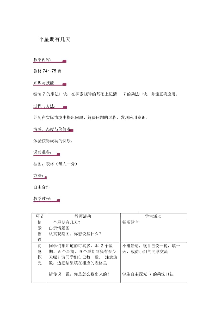 2018-2019年北師大版數(shù)學(xué)第三冊(cè)《一個(gè)星期有幾天》表格教案_第1頁(yè)