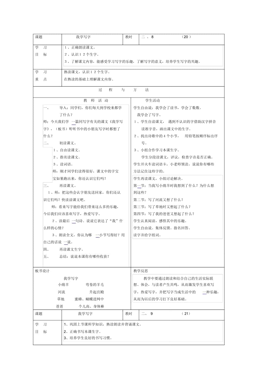 2018-2019年語(yǔ)文A版語(yǔ)文第十二冊(cè)《我學(xué)寫字》表格教案_第1頁(yè)