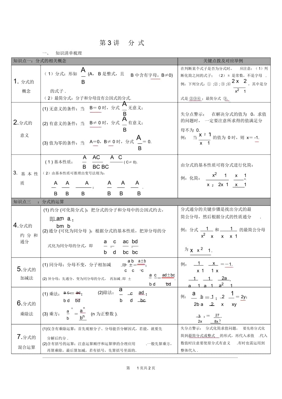 中考数学知识点梳理第3讲分式(20201215095154)_第1页