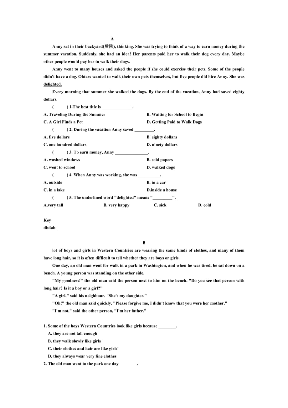 小学六年级英语阅读理解典型习题含答案_第1页