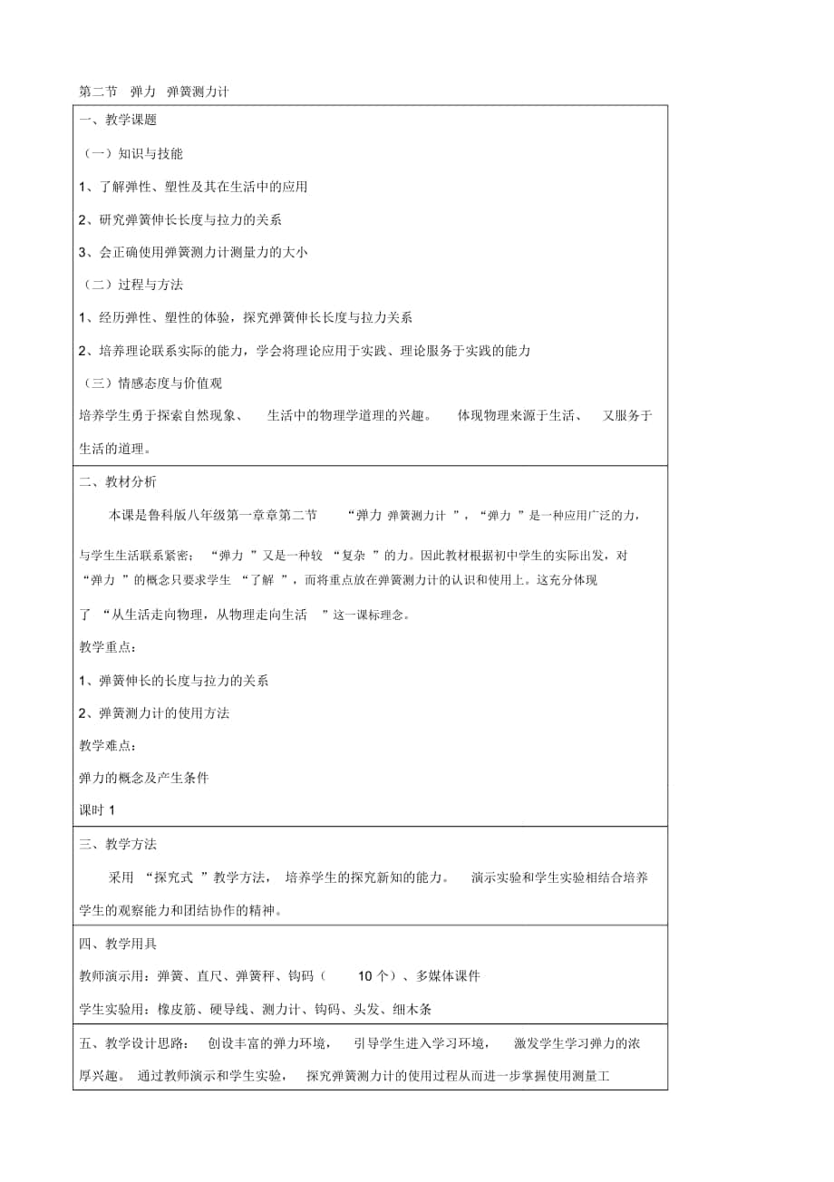 【同步教案】八年級物理下冊第六章第2節(jié)《彈力彈簧測力計(jì)》教授教化設(shè)計(jì)(魯教版_第1頁