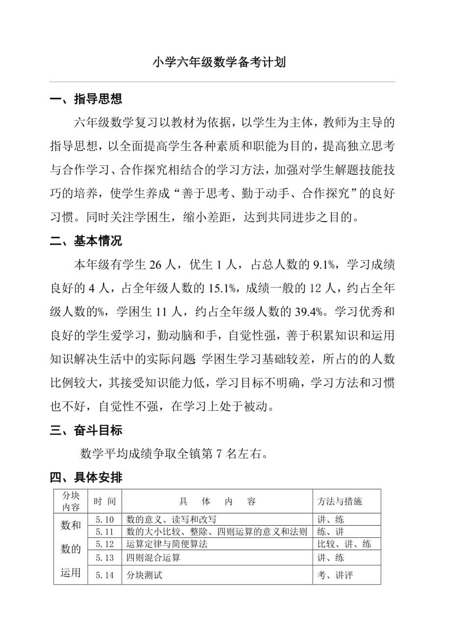 小学六年级数学毕业复习备考计划_第1页