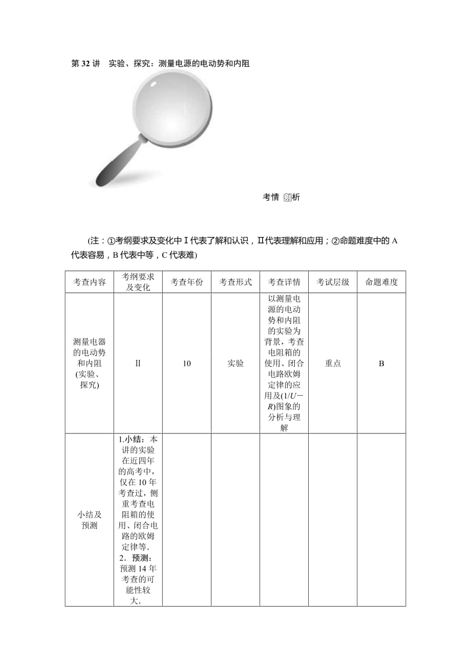 【高考零距離】高考物理人教版一輪復(fù)習(xí)配套文檔：第32講　實(shí)驗(yàn)、探究：測量電源的電動(dòng)勢和內(nèi)阻高考合集_第1頁