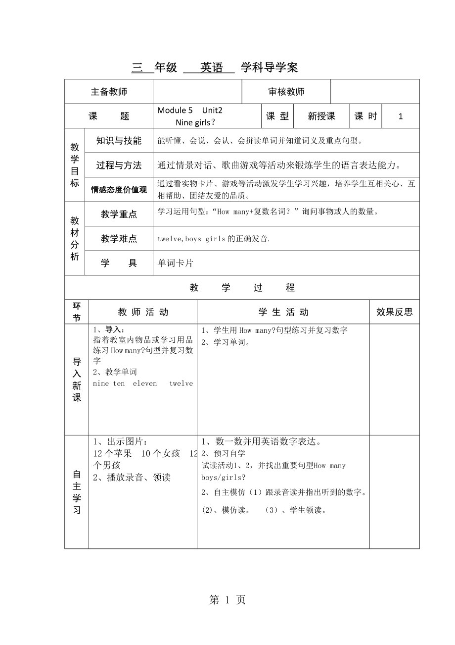 三年級(jí)上英語(yǔ)導(dǎo)學(xué)案Module 5 Unit 2 Nine girls外研社三起_第1頁(yè)