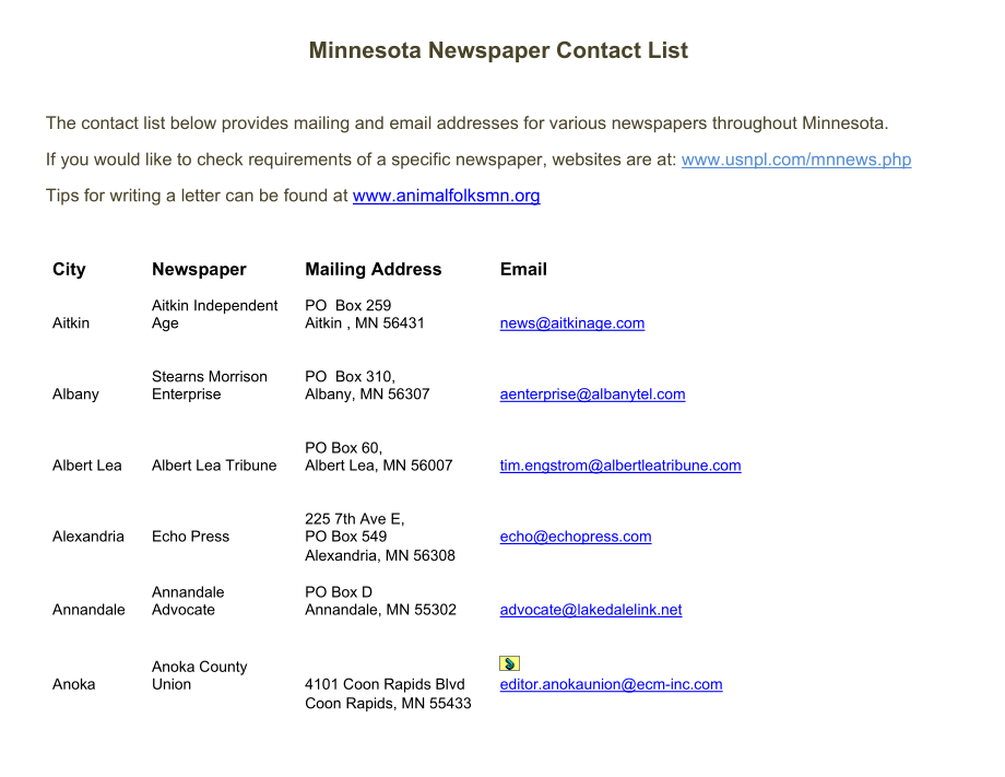 Minnesota Newspaper Contact List - Animal Folks MN_第1页