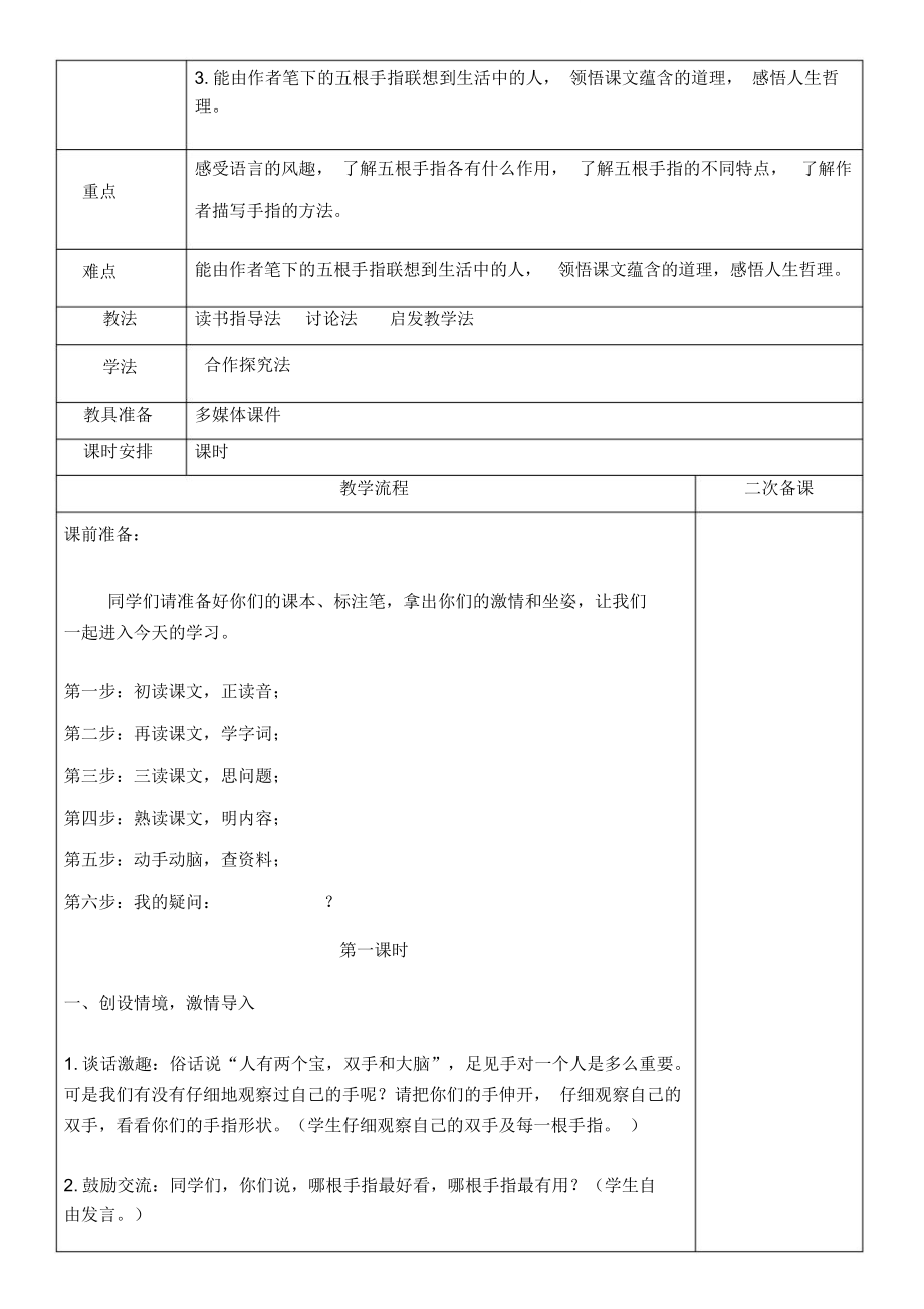 部编版五年级语文下册22《手指》教案_第2页