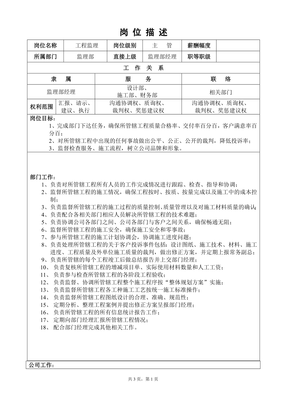 裝飾公司 工程監(jiān)理崗位描述_第1頁