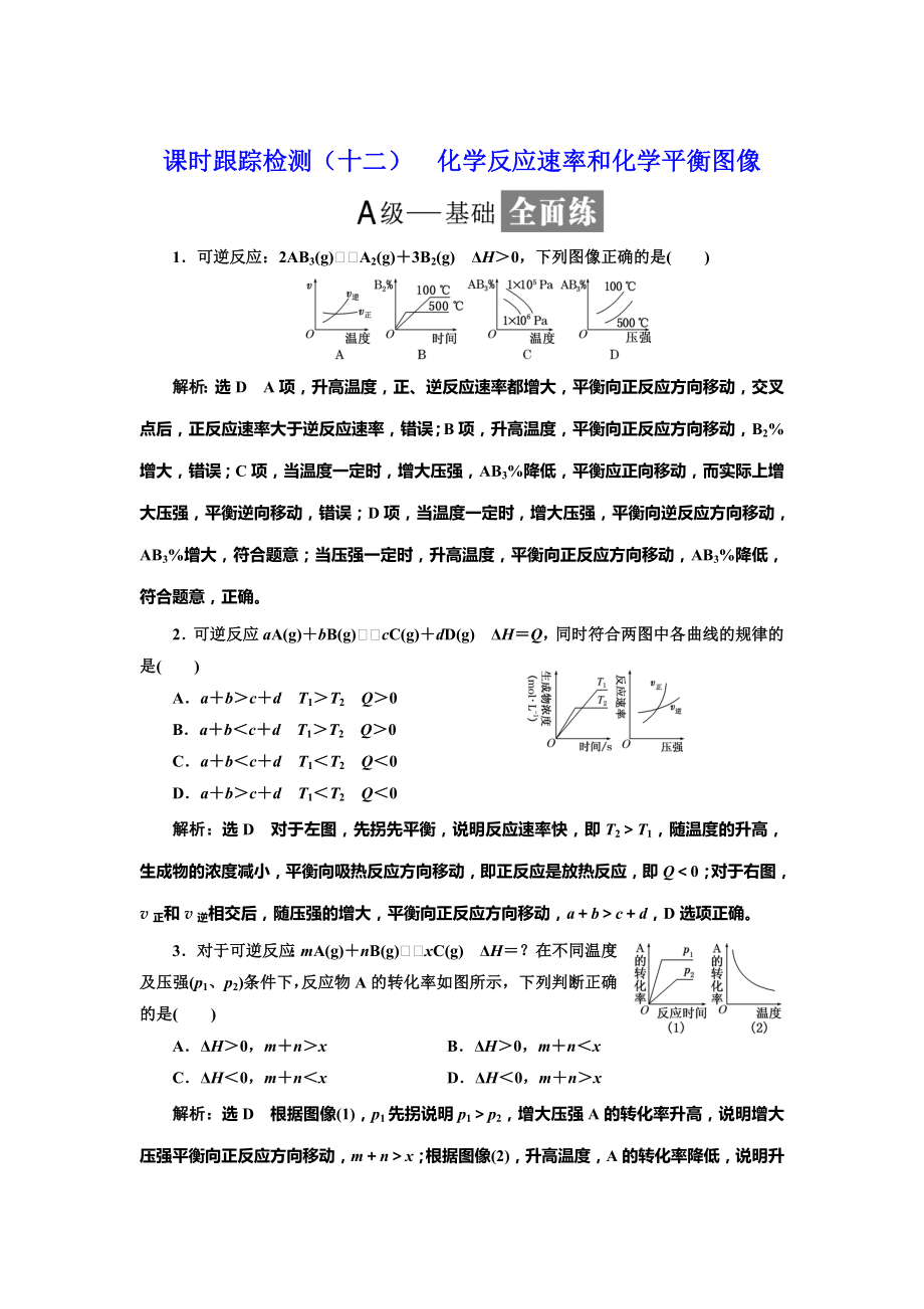 高中化學魯科版選修4：課時跟蹤檢測十二 化學反應速率和化學平衡圖像 Word版含解析_第1頁