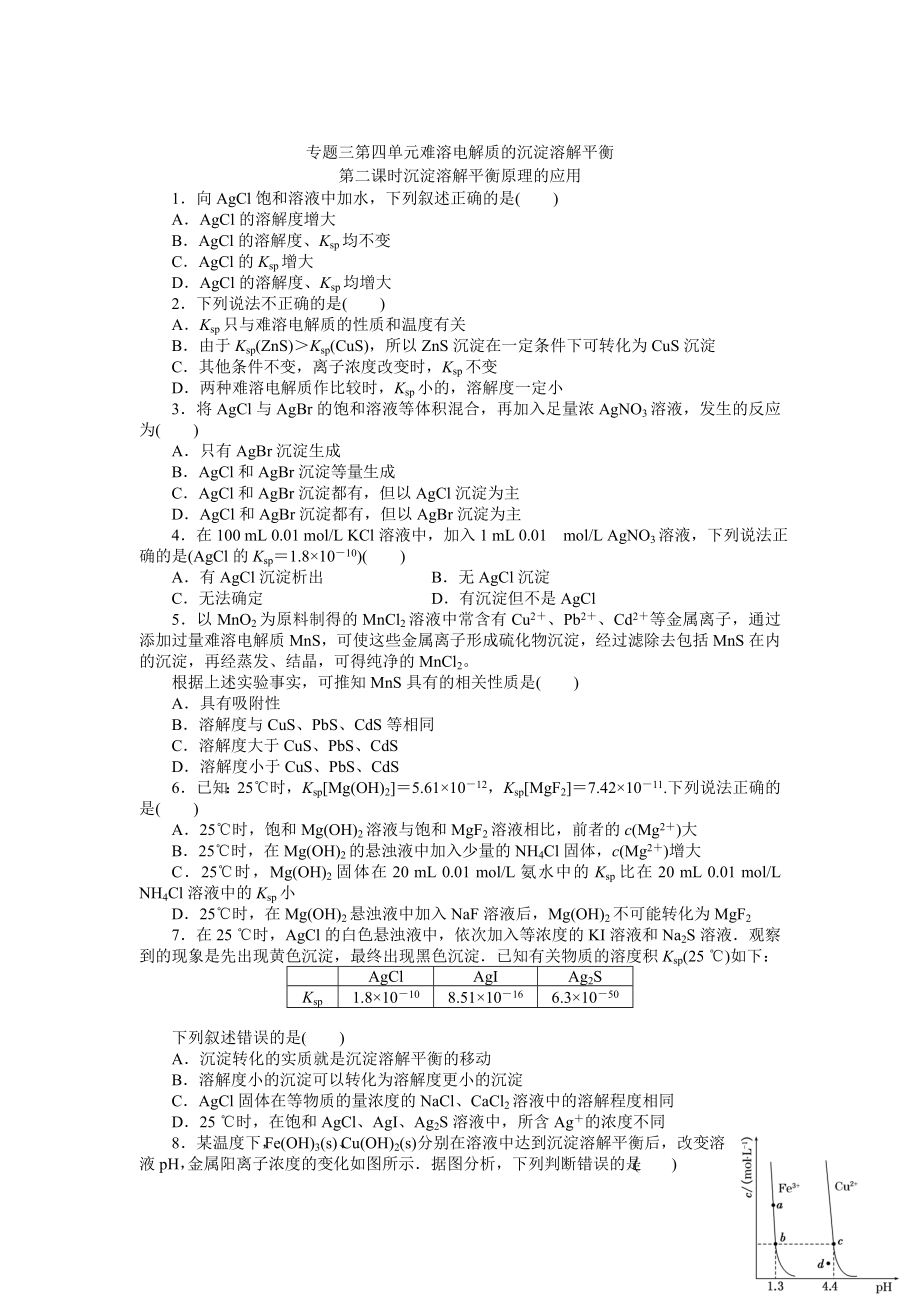 高二化學(xué)蘇教版選修四作業(yè)：專題3 第4單元第2課時 難溶電解質(zhì)的沉淀溶解平衡的應(yīng)用_第1頁