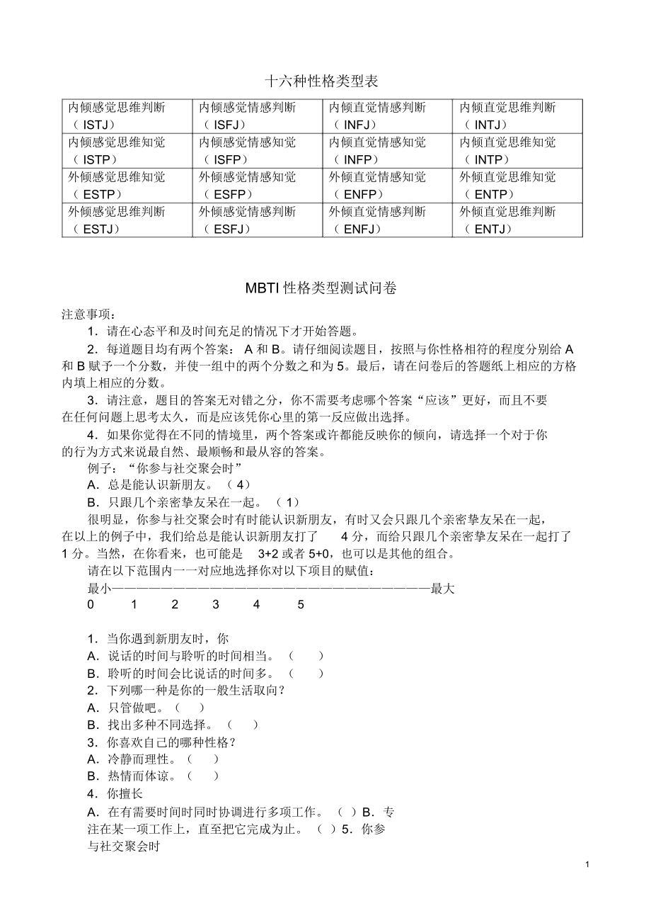 mbti职业性格测试问卷及解析完整版