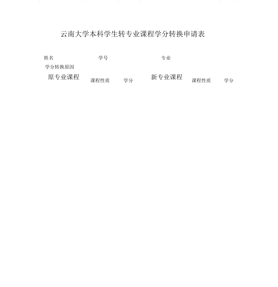 云南大学本学生转专业课程学分转换申请表_第1页