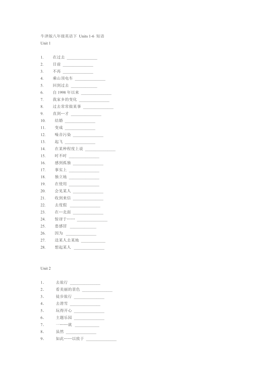 英語同步練習題考試題試卷教案牛津版八年級英語下Units 1-6 短語匯總_第1頁