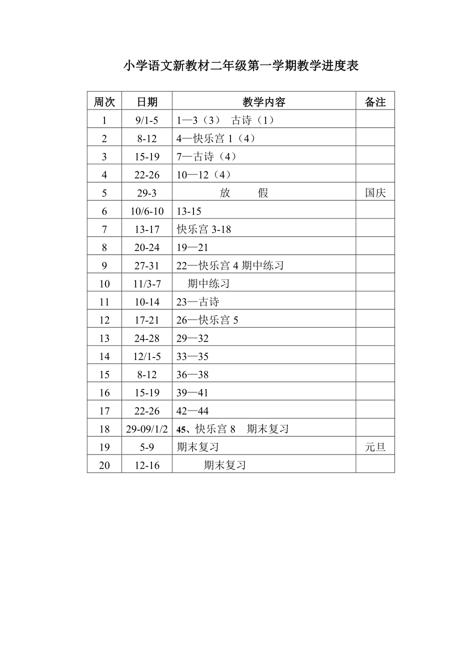 [二年級其它課程]小學語文新教材二年級第一學期教學進度表_第1頁