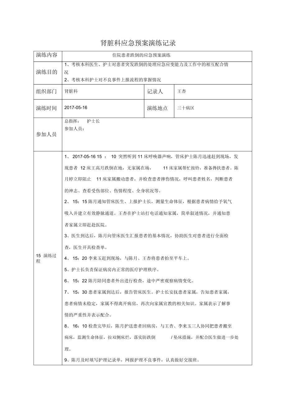 住院患者跌倒的应急预案演练_第1页