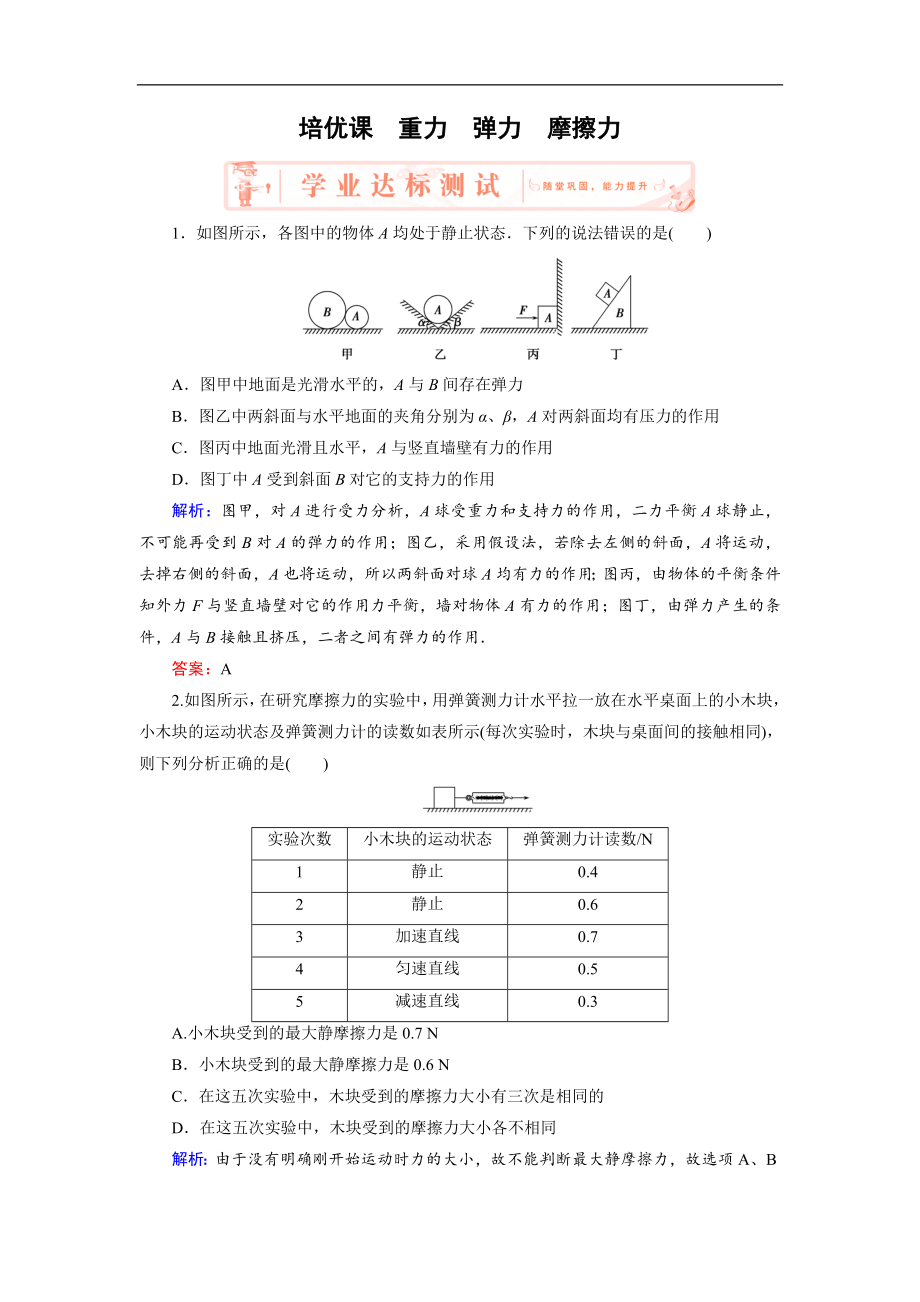 高中物理人教版必修1練習(xí)：第3章 培優(yōu)課1 重力　彈力　摩擦力 含解析_第1頁