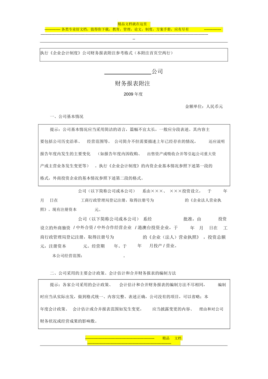 执行《企业会计制度》公司财务报表附注(表格版)模板_第1页