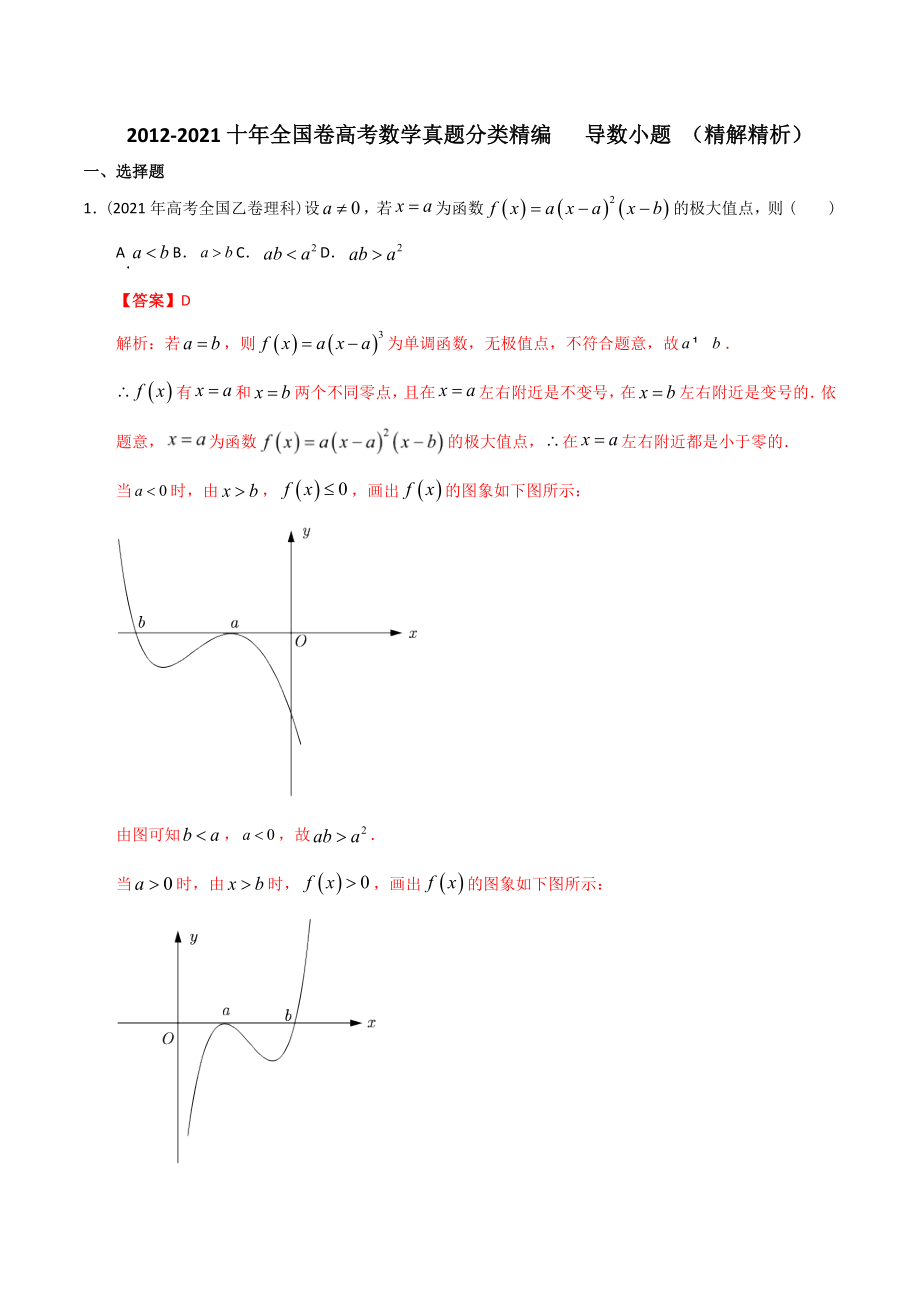 【2022高考必備】2012-2021十年全國(guó)高考數(shù)學(xué)真題分類匯編 導(dǎo)數(shù)小題（精解精析）_第1頁(yè)