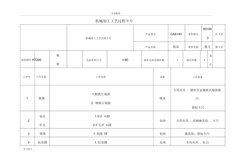 CA6140車床撥叉831003機(jī)械加工工藝過程卡片與工序卡_第1頁