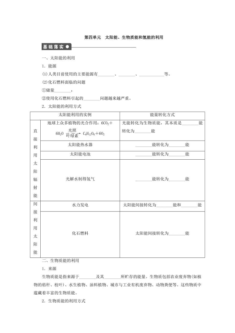 高中化學蘇教版必修2課時作業(yè)：第四單元 太陽能 生物質能和氫能的利用 Word版含答案_第1頁