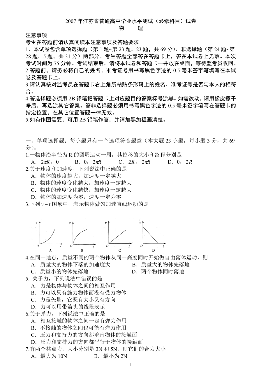 [高三理化生]江蘇省普通高中學業(yè)水平測試 試卷—物理_第1頁