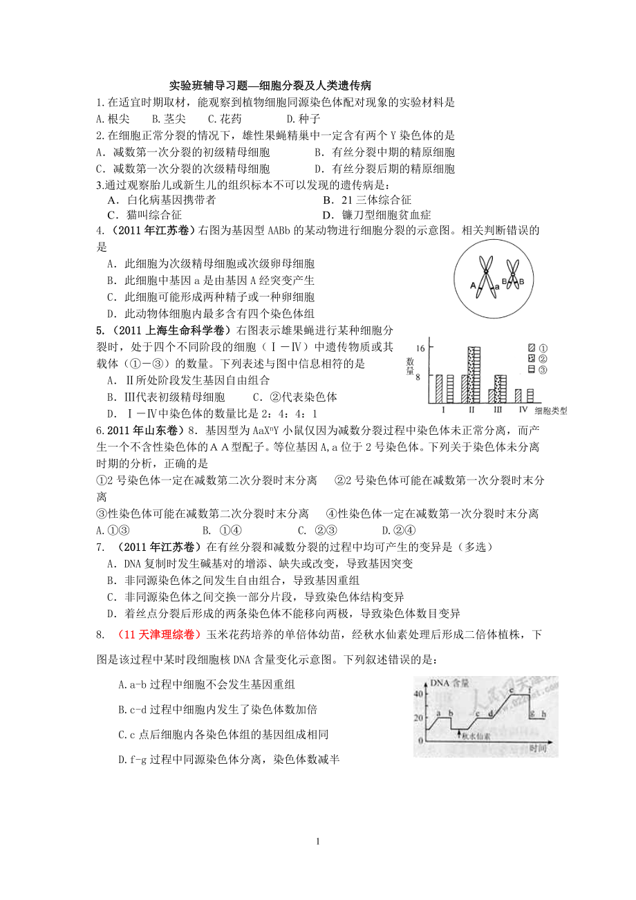 [高三理化生]實(shí)驗(yàn)班細(xì)胞分裂與人類遺傳病_第1頁