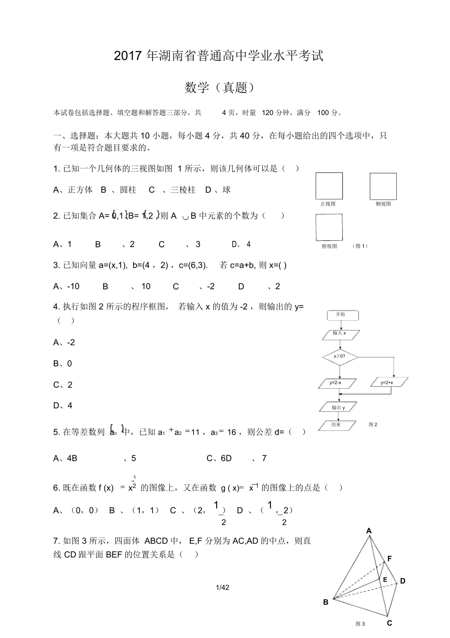 湖南数学学考真题(2009-2017)_第1页