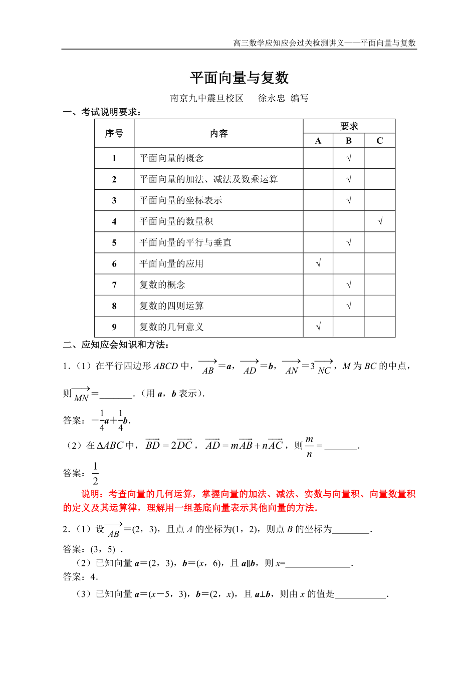 [高考數(shù)學(xué)]高三應(yīng)知應(yīng)會(huì)講義4——平面向量與復(fù)數(shù)徐永忠_第1頁