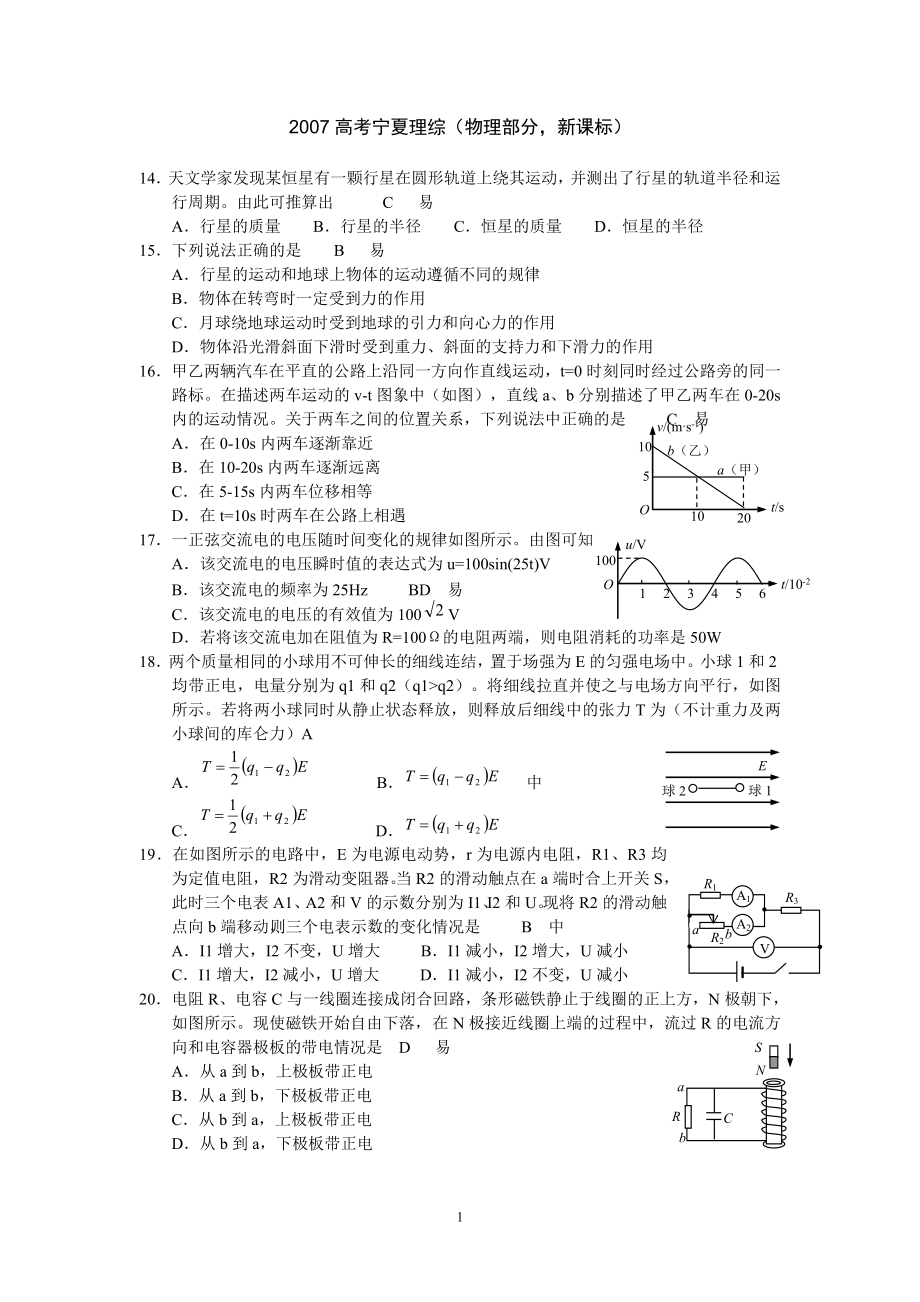 [高三理化生]新課改寧夏近五年理綜物理試題及答案詳解_第1頁(yè)