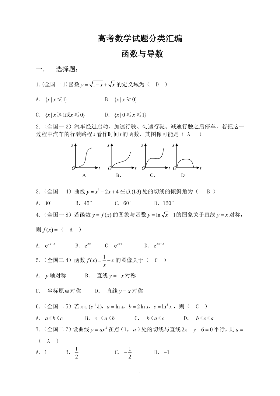 高考數(shù)學(xué)試題分類匯編 函數(shù)與導(dǎo)數(shù)_第1頁