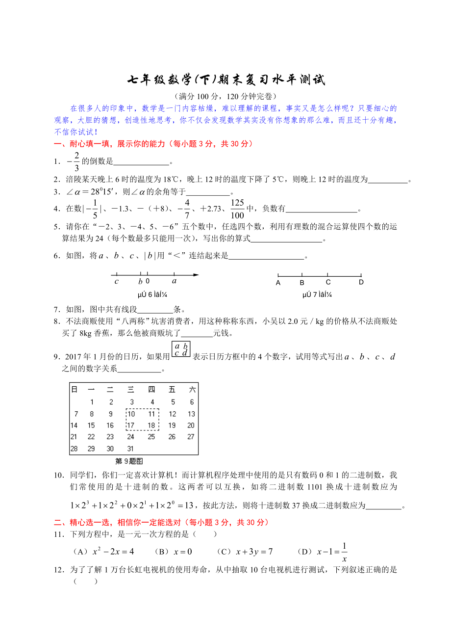 七年级数学(下)期末复习水平测试_第1页