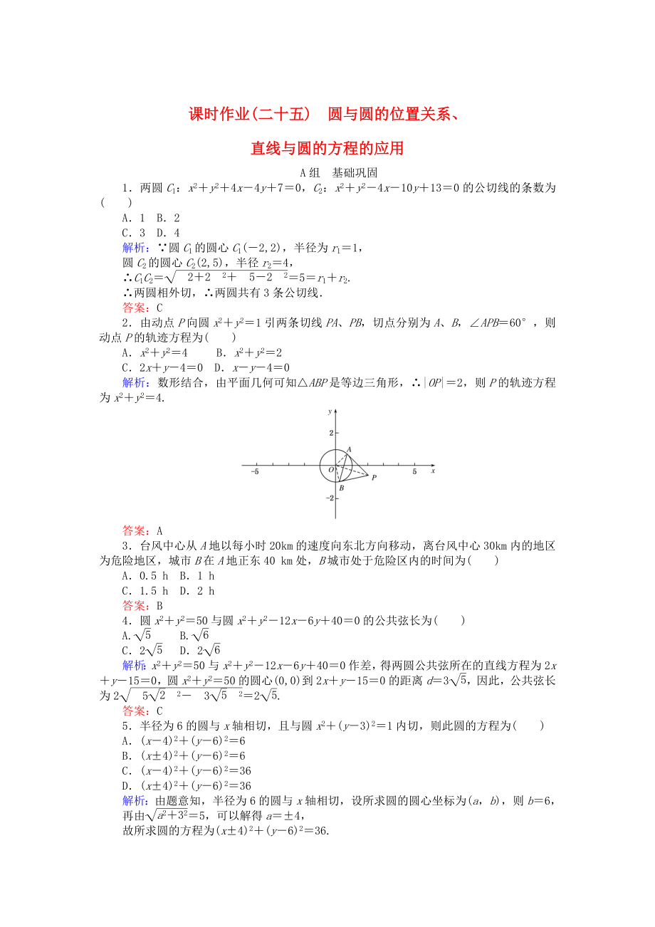 精修版高中數學 第4章 第25課時 圓與圓的位置關系、直線與圓的方程的應用課時作業(yè) 人教A版必修2_第1頁