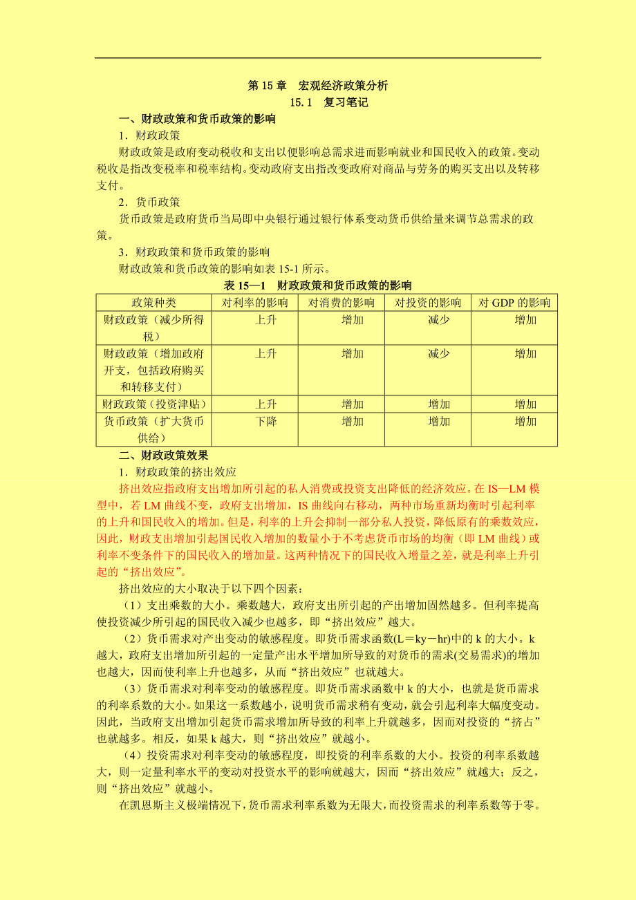 《西方經(jīng)濟(jì)學(xué)（宏觀部分）》（第4版）筆記和習(xí)題詳解：第15章 宏觀經(jīng)濟(jì)政策分析_第1頁