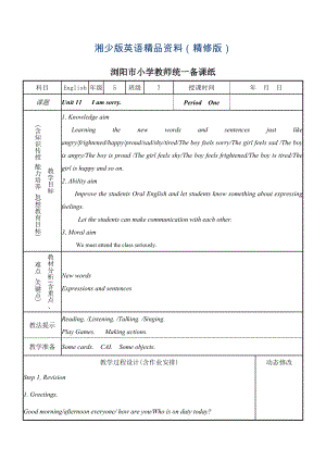 【湘少版】英語(yǔ)五年級(jí)上冊(cè)：Unit 11 I’m sorry教案精修版