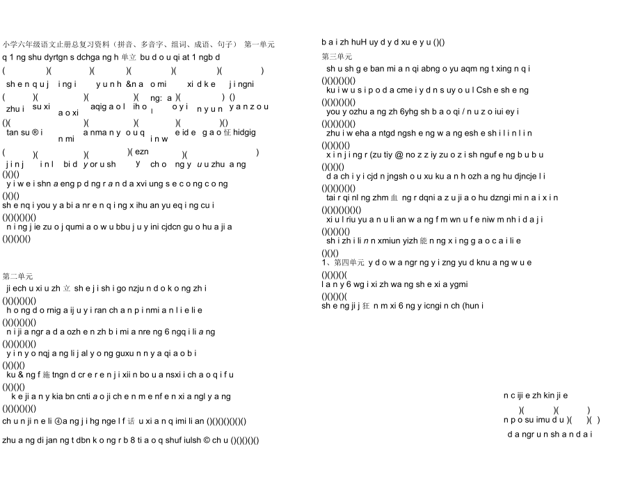 小学六年级语文上册总复习资料(拼音、多音字、组词、成语、句子专项训练)_第1页