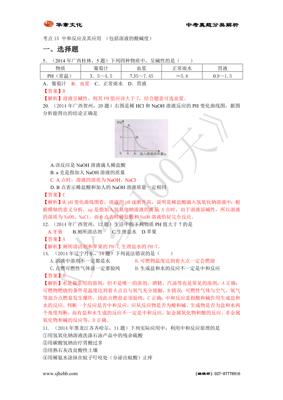 全國中考真題分類解析 考點15 中和反應(yīng)及其應(yīng)用 (包括溶液的酸堿度)_第1頁