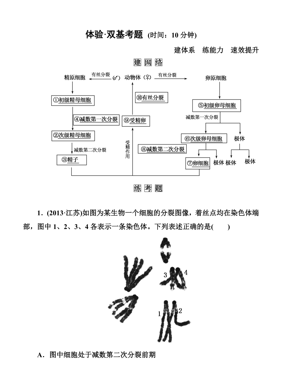 【名師一號】高考生物(人教版通用)總復(fù)習(xí)體驗(yàn)雙基考題：第14講 減數(shù)分裂與受精作用_第1頁