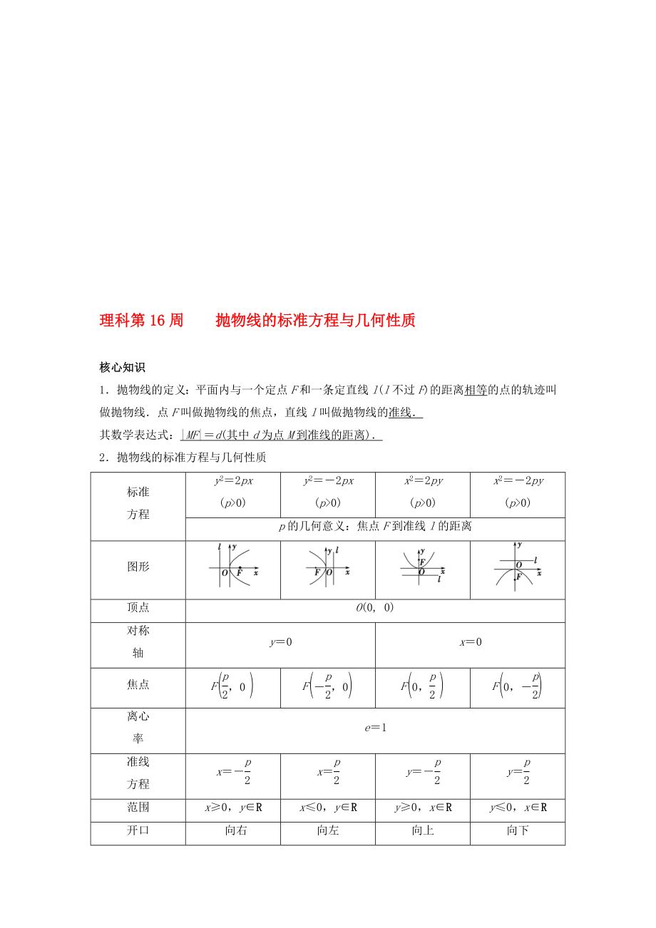 高一数学上学期周清 第16周 抛物线的标准方程与几何性质 理._第1页