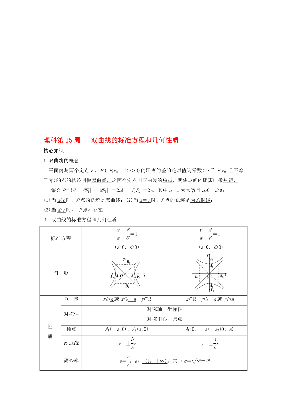 高一數(shù)學(xué)上學(xué)期周清 第15周 雙曲線的標(biāo)準(zhǔn)方程和幾何性質(zhì) 理._第1頁