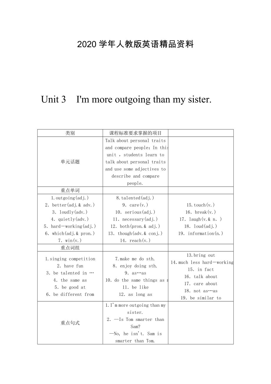 人教版八年級(jí)英語(yǔ)上冊(cè)Unit3 I’m more outgoing than my sister教案_第1頁(yè)