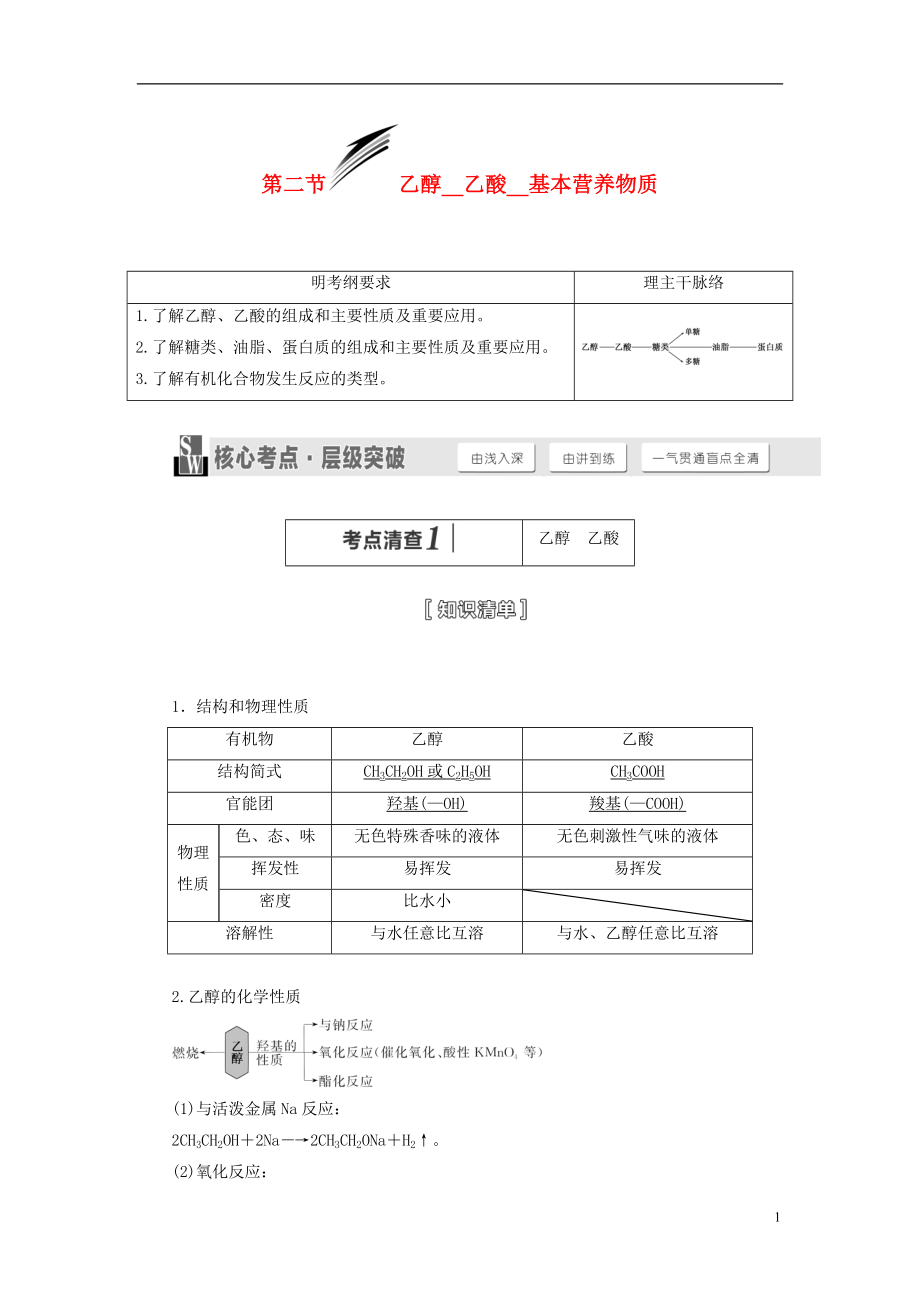 【三維設(shè)計(jì)】(人教通用版)高考化學(xué)一輪總復(fù)習(xí)講義 第二節(jié) 乙醇乙酸基本營養(yǎng)物質(zhì)_第1頁