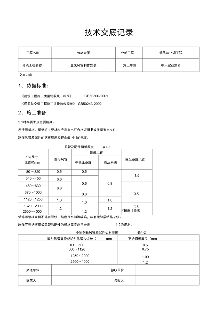 金属风管制作安装施工交底记录_第1页