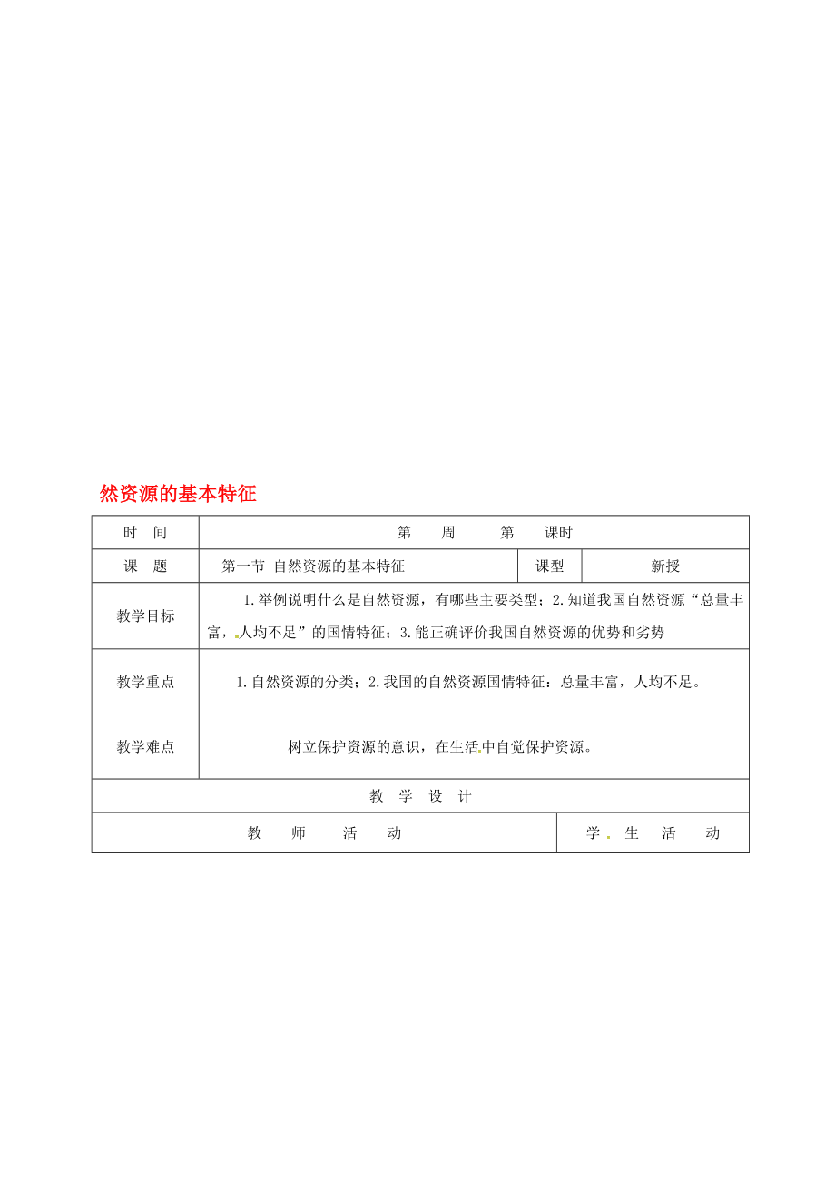 八年級(jí)地理上冊(cè) 31 自然資源的基本特征教案 新版新人教版._第1頁